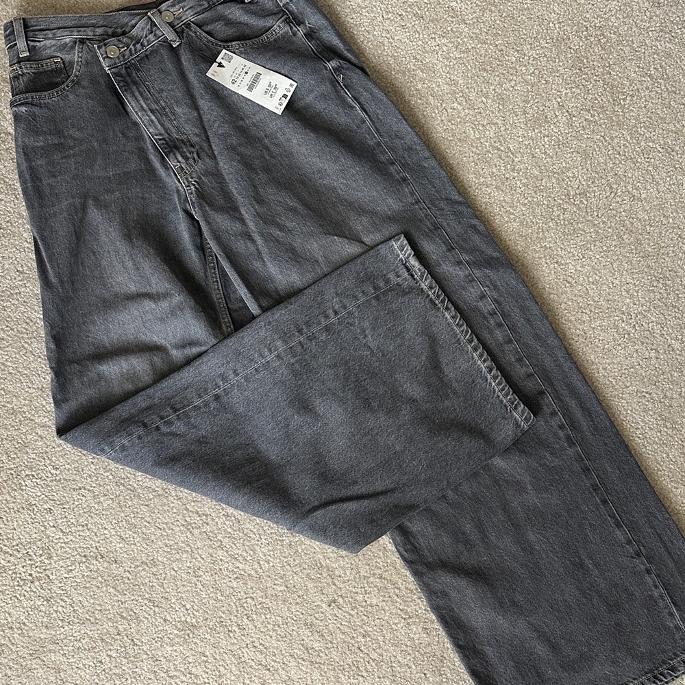 Zara Women's Gray Crossed Waist Wide Leg Jeans